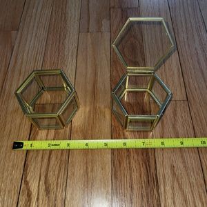 Set of 2 hexagonal brass and glass display cases